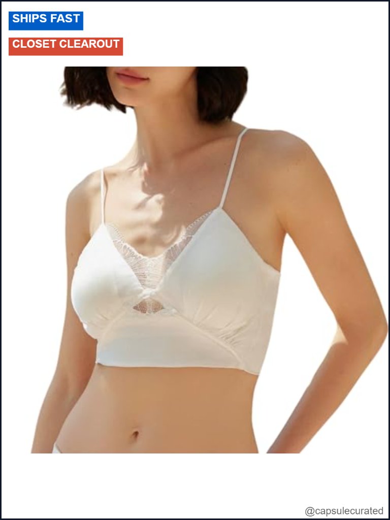 Silk Bralette Satin Cami Built-In Bra Tank Top Wireless Padded Lace Trim